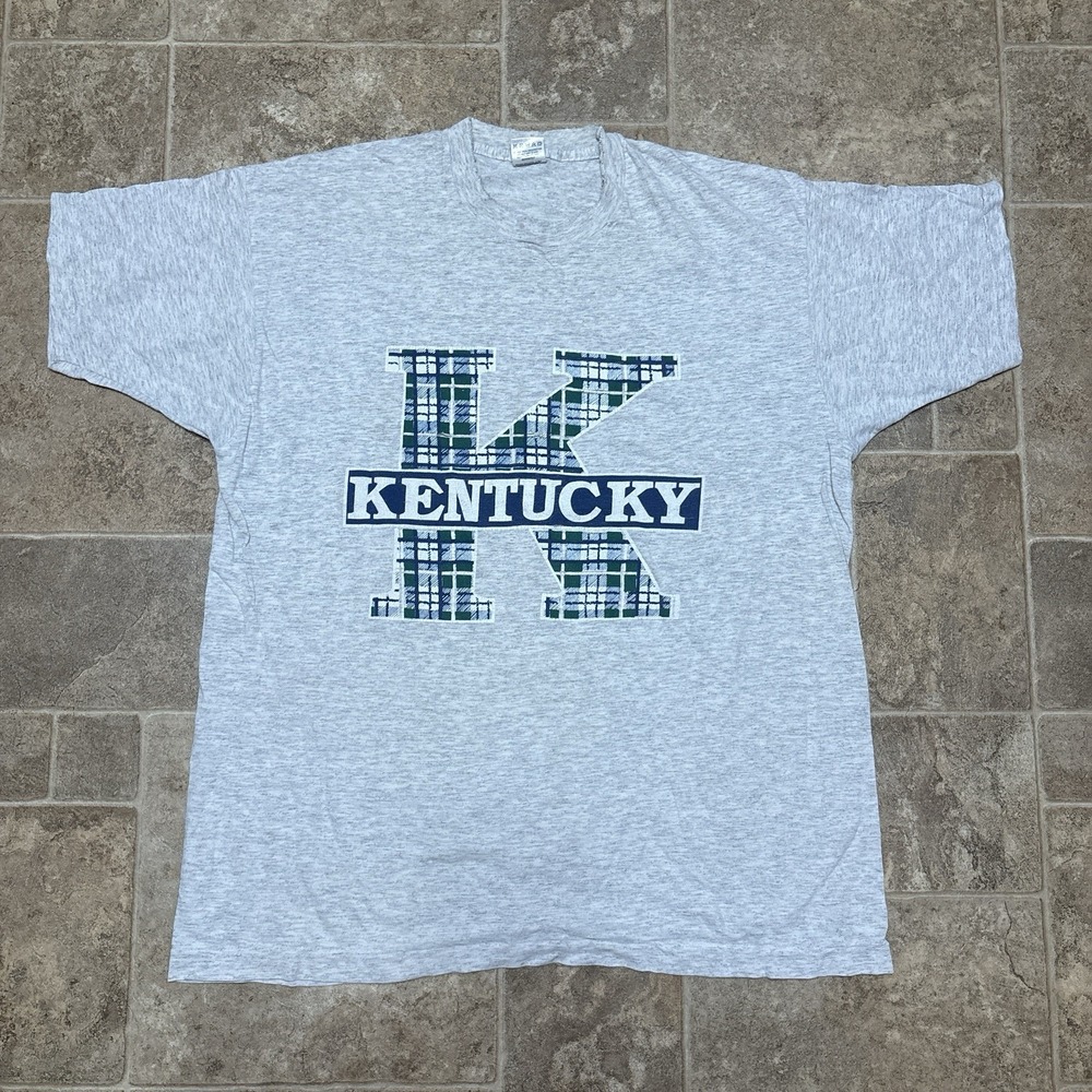 Vtg 90s Kentucky XL T-shirt Plaid Big K College Preppy Single Stitch Made In USA